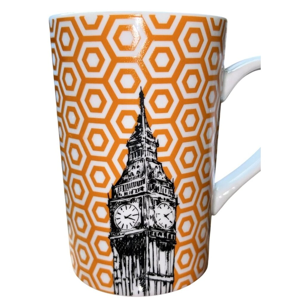 World Market London Big Ben Ceramic Coffee Mug‎ Orange Hexagon Pattern 5"